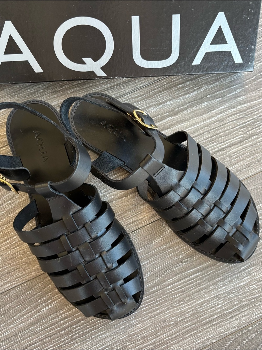 Aqua Black Woven Leather Buckle Sandals